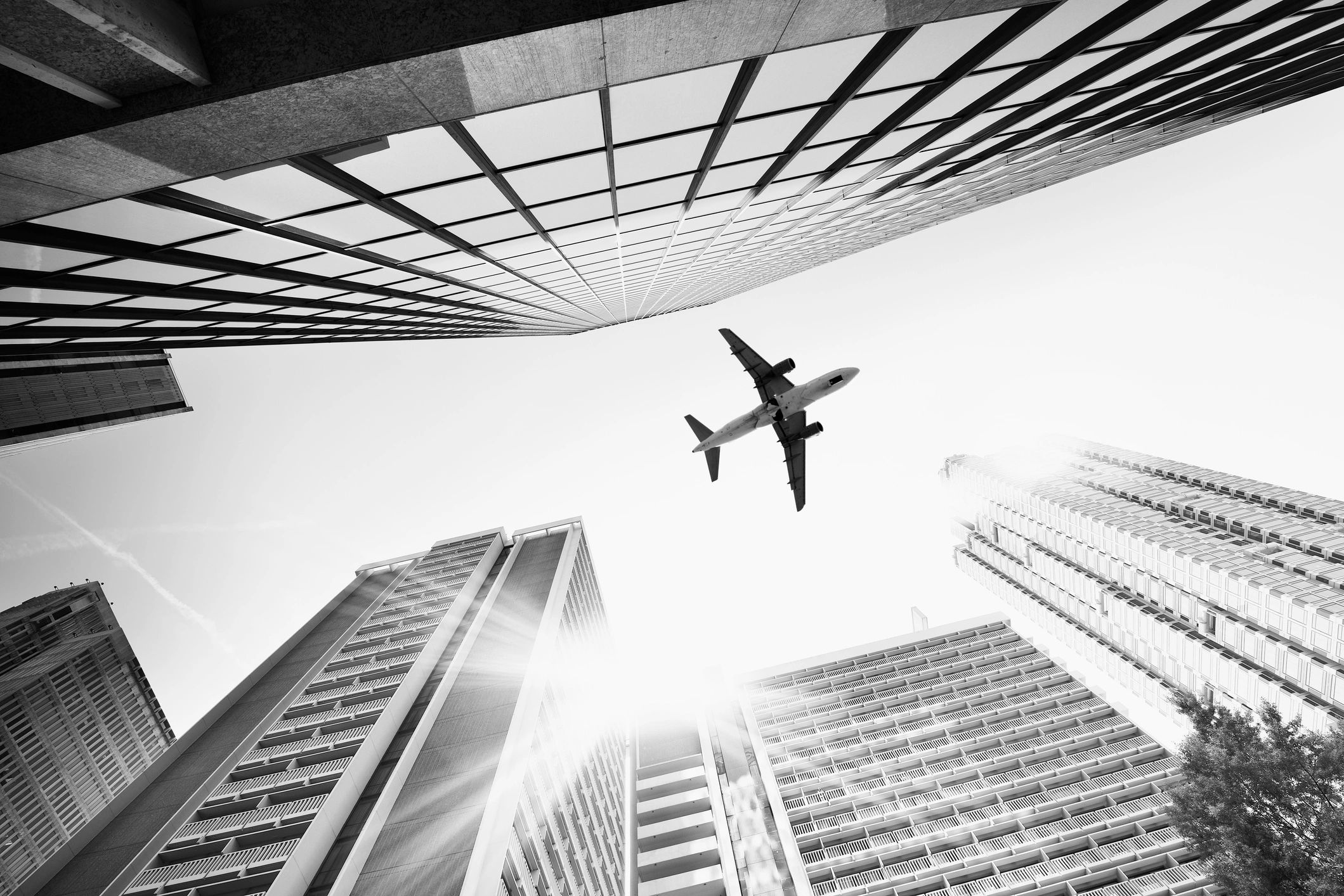 Avión sobre ciudad simbolizando alcance internacional