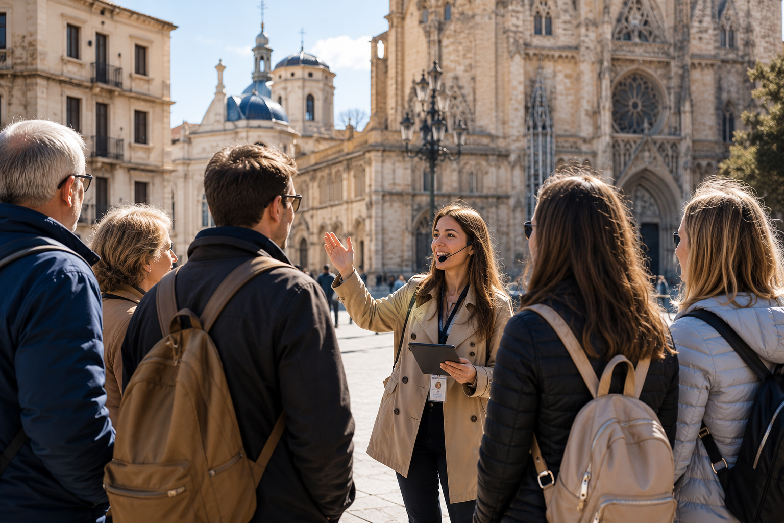 Guía en Europa explicando a un grupo de viajeros
